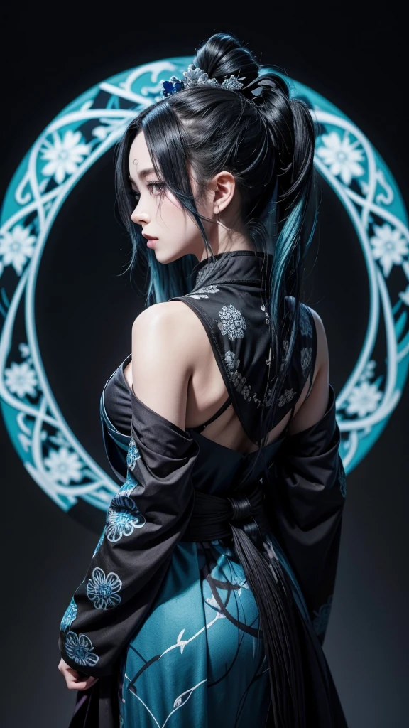 Screenshot from Kimetsu No Yaiba The image shows a mysterious and elegant woman, with long, aqua blue hair cascading down her back, with black locks that intertwine with the blue. His face is completely covered by a mask that is half white and half black with intricate designs that look like snowflakes and ice blocks.. On top of the mask, There is a design that resembles the full moon, with fine and delicate details.

The woman is wearing a black kimono with blue and white details., which resembles the style of the Demon Slayers of Kimetsu No Yaiba. His posture is one of meditation at night 