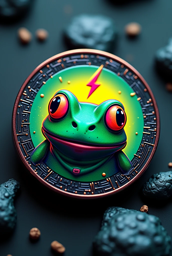 Imagine a coin with a quirky, playful design combining elements of Pepe the Frog and Turbo Coin. The coin's face features a stylized Pepe, known for his expressive, meme-worthy face, but with a slick, futuristic twist. His eyes have a neon glow, symbolizing the speed and technological edge associated with Turbo Coin.

The coin's edges are sleek and metallic, with a circuit-like pattern running along them, signifying the blockchain technology behind pepeturbo. The background behind Pepe is a gradient of vibrant colors, transitioning from a deep green (a deep yellow orange colour) to an electric blue, representing the fast-paced, digital nature of Turbo Coin.

In the center, where Pepe’s mouth would be, there’s a small lightning bolt, symbolizing speed and power. The reverse side of the coin features a simple, modern emblem combining Pepe’s face outline with the sleek lines of Turbo Coin’s logo, creating a unique hybrid symbol.

The overall look is a blend of meme culture with the high-tech, forward-thinking vibe of cryptocurrency, making it both humorous and cutting-edge. And then the what will be written on the coin  is TurboRibbit 