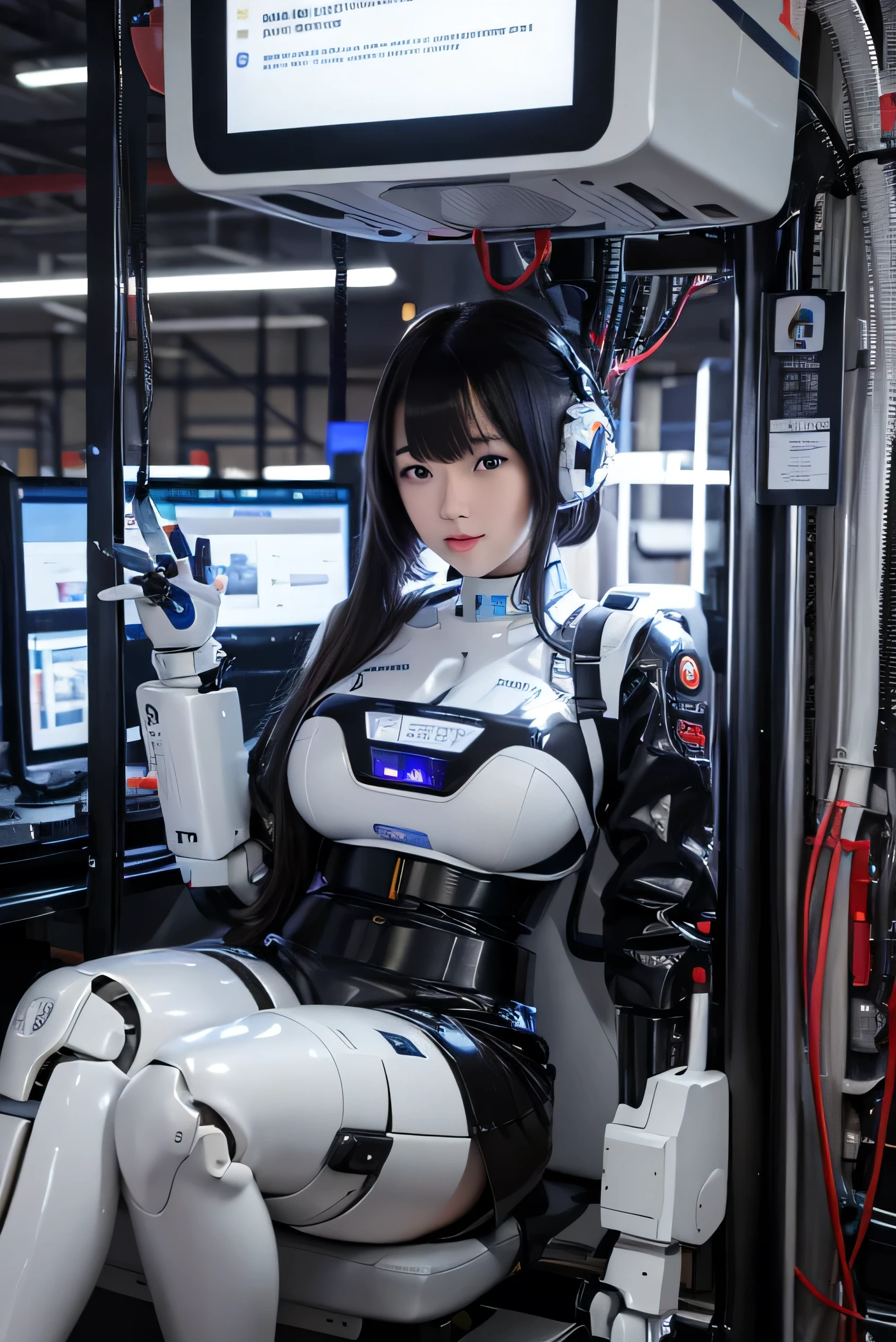 masterpiece, best quality, extremely detailed, Japaese android girl,Plump ,control panels,android,Droid,Mechanical Hand, Robot arms and legs,Blunt bangs,perfect robot girl,long tube,thick cable connected her neck,android,robot,humanoid,cyborg,japanese cyborg girl ,robot-assembly plant,She has assembled now,assembly scene,chest monitor,blue eyes