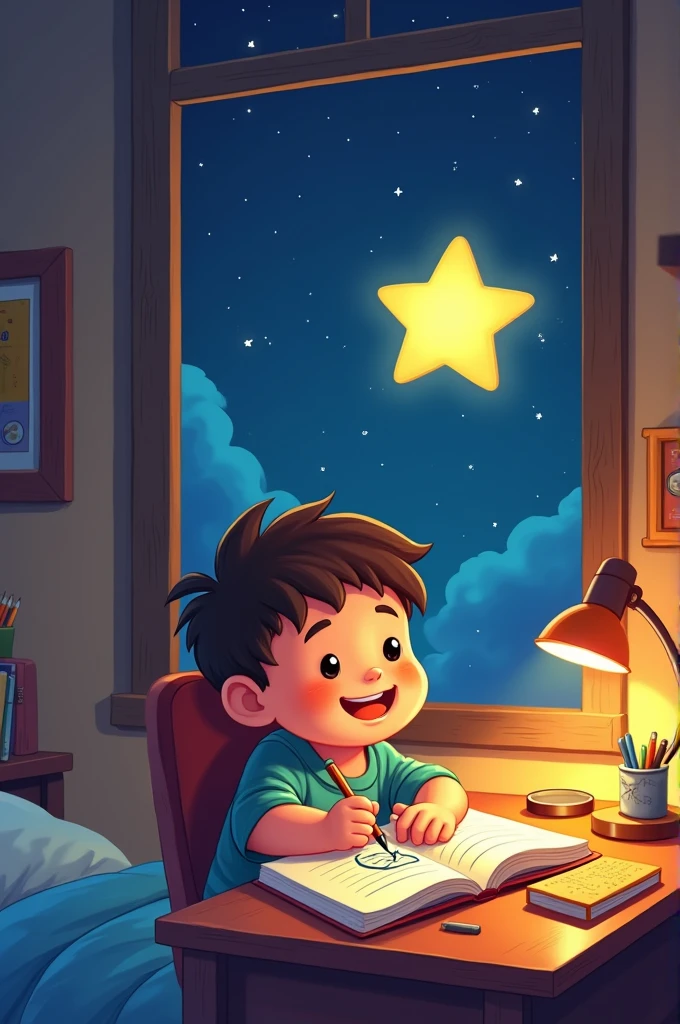 Make a cartoon style drawing of The Boy Drawing the Star in the Notebook Description: Back to your home, the boy is drawing the star in his notebook, now brighter in the sky. He smiles satisfied, as the star seems to shine through the window.