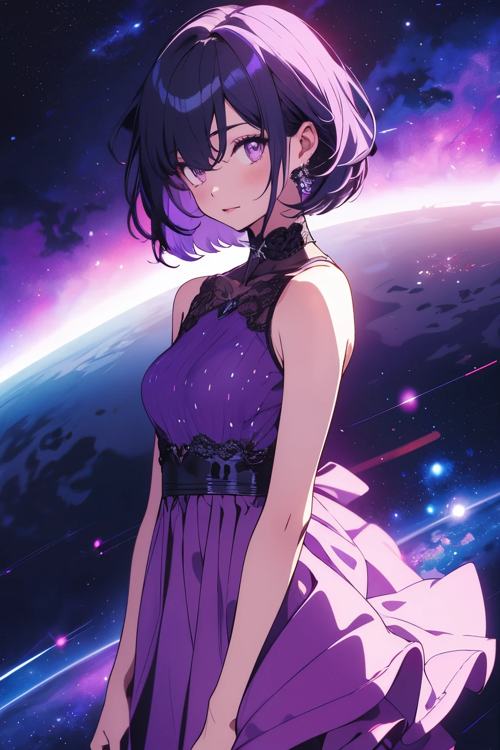 Girl with short purple hair in pink dress, purple space background, Ultra-high image quality