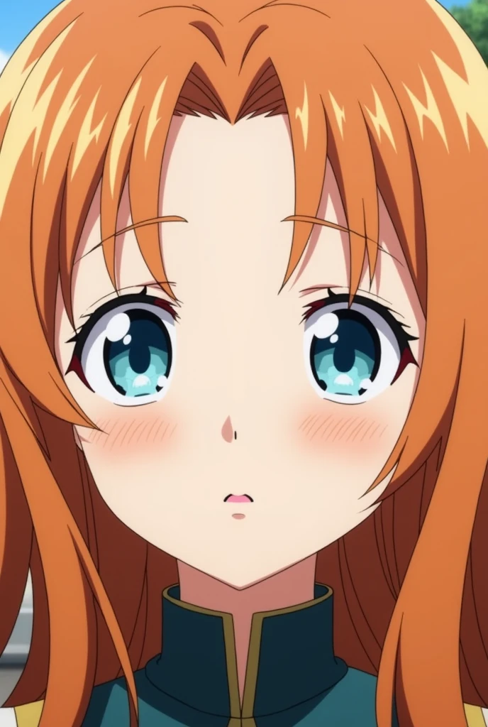 boku no hero screenshot, girl with orange hair and blue eyes, pale skin, long eyelashes and a little lipstick, with loose hair and an uncovered forehead, his forehead is small.