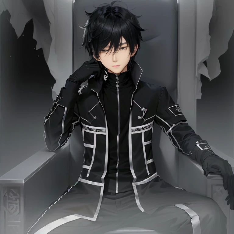 anime - style image of a man in a black and white outfit sitting on a chair, kirito, inspired by Okumura Masanobu, okata kazuto, killy from blame!, inspired by Yamagata Hiro, ikuto yamashita, fus rei, :14 80s anime style, sitting on obsidian throne