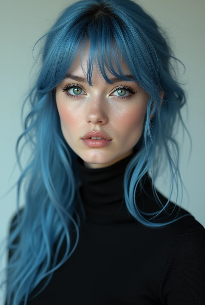 Full lenght, make a girl indistinguishable from reality, blue hair, narrow face, grey eyes, girl, 18 years old, slim figure, almond-shaped eyes, button nose, full lips, european appearance, ultra highly intricate detailed, black eyeliner, over knee boots, looking at the camera, professional photography, ultra sharp focus, very beautiful