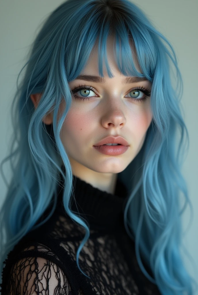 Full lenght, make a girl indistinguishable from reality, blue hair, narrow face, grey eyes, girl, 18 years old, slim figure, almond-shaped eyes, button nose, full lips, european appearance, ultra highly intricate detailed, black eyeliner, over knee boots, looking at the camera, professional photography, ultra sharp focus, very beautiful