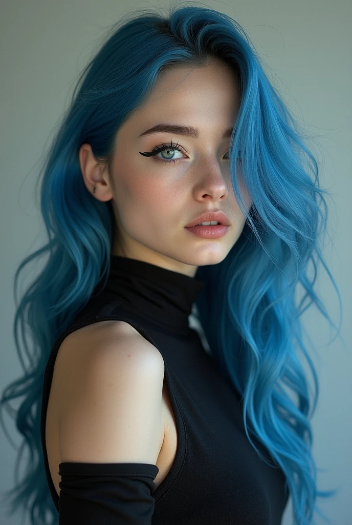 Full lenght, make a girl indistinguishable from reality, blue hair, narrow face, grey eyes, girl, 18 years old, slim figure, almond-shaped eyes, button nose, full lips, european appearance, ultra highly intricate detailed, black eyeliner, over knee boots, looking at the camera, professional photography, ultra sharp focus, very beautiful