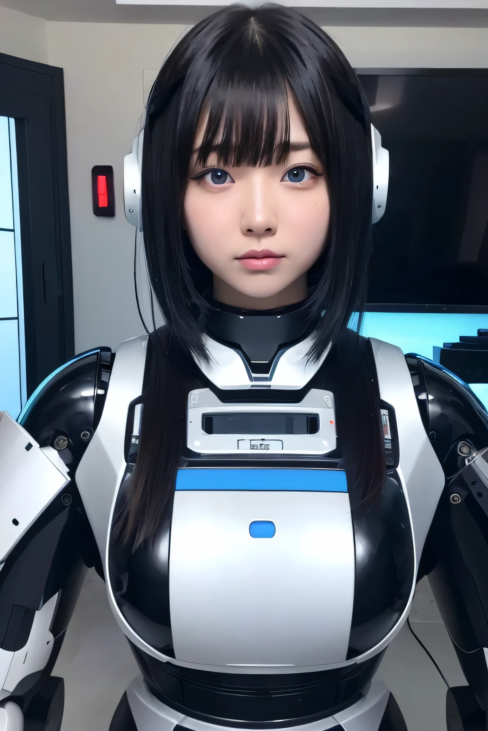 masterpiece, best quality, extremely detailed, Japaese android girl,portrait,Plump,a bit chubby,control panels,android,Droid,Mechanical Hand, Robot arms and legs, Black hair,Blunt bangs,perfect robot girl,long tube,thick cable connected her neck,android,robot,humanoid,cyborg,japanese cyborg girl ,robot-assembly plant,She is assembling now,assembly scene,blue eyes,chest monitor