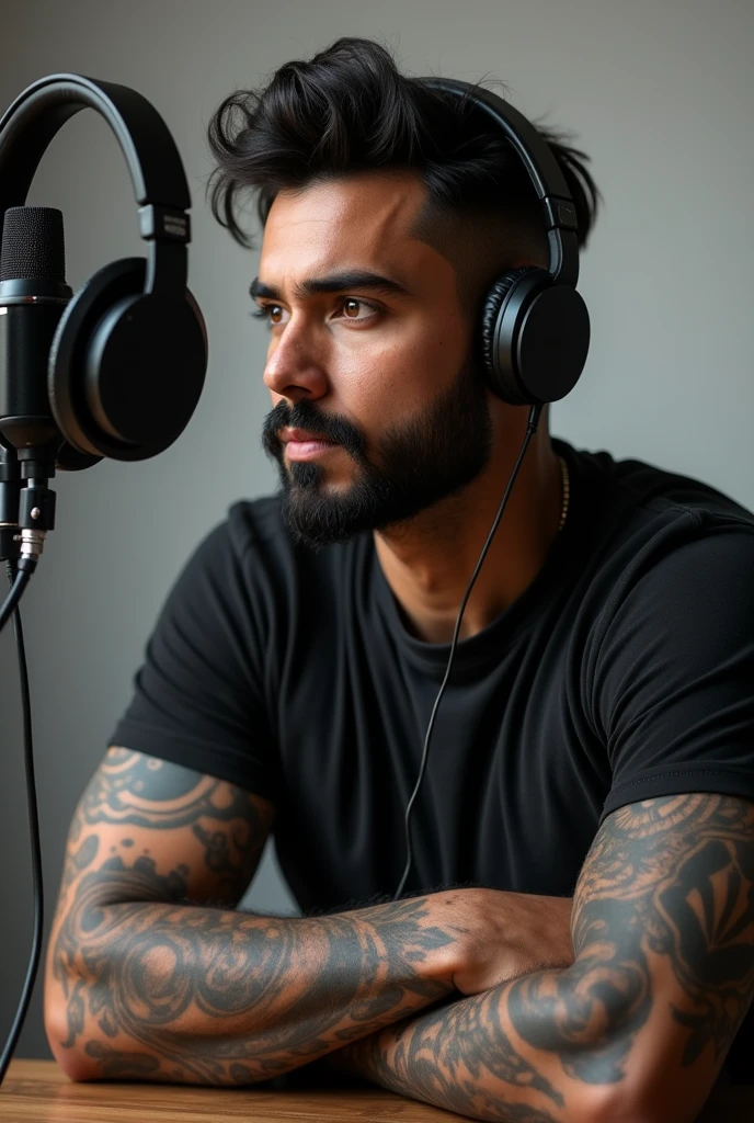 Create an image of a male Mexican YouTuber who has tattoos, that he has headphones on his head and is speaking into a podcast microphone, the image that is profile