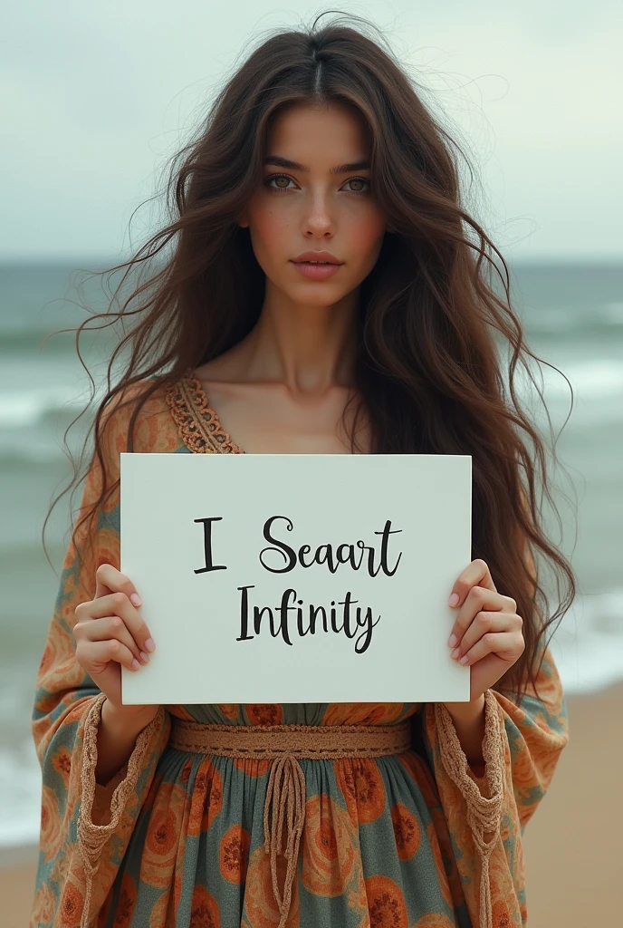 Beautiful girl with wavy long hair, bohemian dress, holding a white board with text "I Love Seaart Infinity" and showing it to the viewer