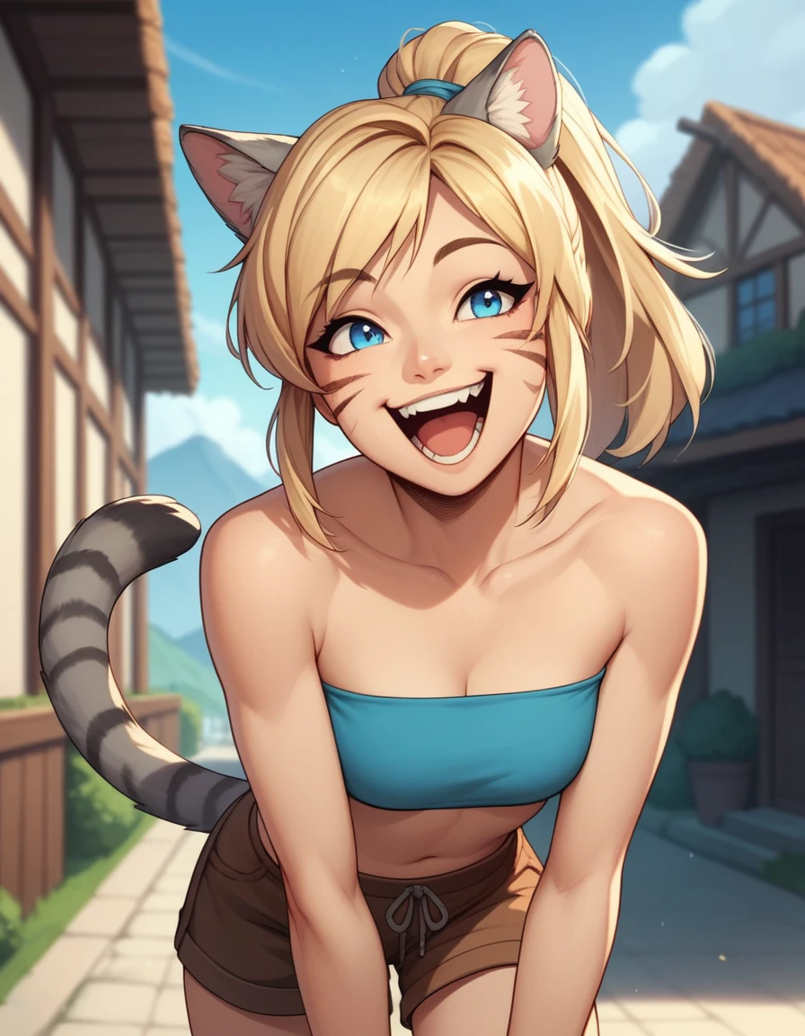 Solo, score_9,score_8_up,score_7_up, score_6_up, score_5_up,source_anime, human, Kat, blue eyes, black whisker marks on face, grey cat ears, blonde hair, hair in ponytail, wearing blue bandeau, brown shorts, laughing, big smile, mouth open, on a mountain pass trail, standing, in a village, hands to her face