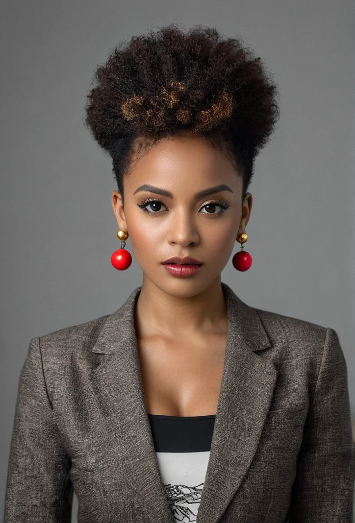 1 girl, epicrealism, Still cinematic, (((striking facial features))), Charming African-American woman, (((black female))), (((face neutral))), (((Cropped hair))), (((very dark skin))), (((busty black females))), (((boxum girl))), (((big pressed together))), (((afro hair ))), make up, (((wearing blazer))), (((wearing pencil skirt))), (((Tao Splash earrings in gold))), (((facefocus))), good white balance, (two cinematic light sources in opposite directions), (two volumetric light sources in opposite directions), (natural shading), (((Neutral gray backdrop))), (((black and white photo with only the colored red sphere))), Shot on Hasselblad X2D 100C, 80mm lense, Depth of field, bokeh, Film grain, vivid color, female poses, expressive female portrait, (((full body shot shot)))
