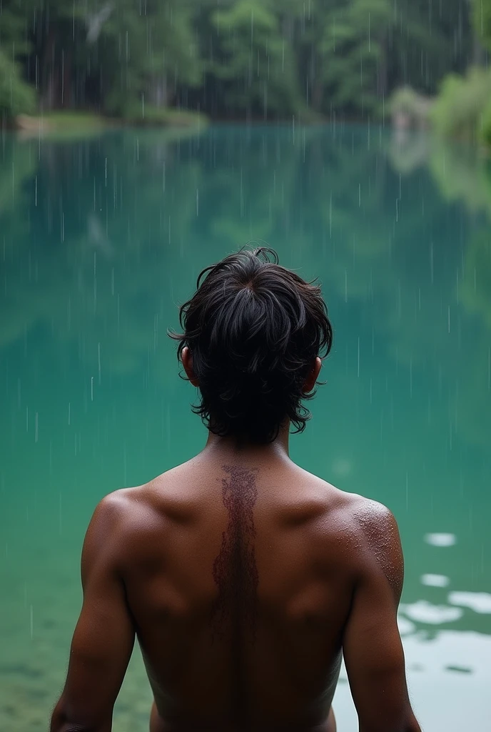I want a man with his back to the edge of a lake with crystal clear waters, the water covers up to your knee, he is shirtless, His back has several scars from scratches and bites from a monster with giant claws., They are very deep scars that can be seen from afar, Your skin is dark and your hair reaches your shoulders. the weather is rainy, and I want you to be able to see it in its entirety I SAID SCARS FROM SCRATCHES ON HIS BACK, MAKE SEVERAL STRONG SCARS