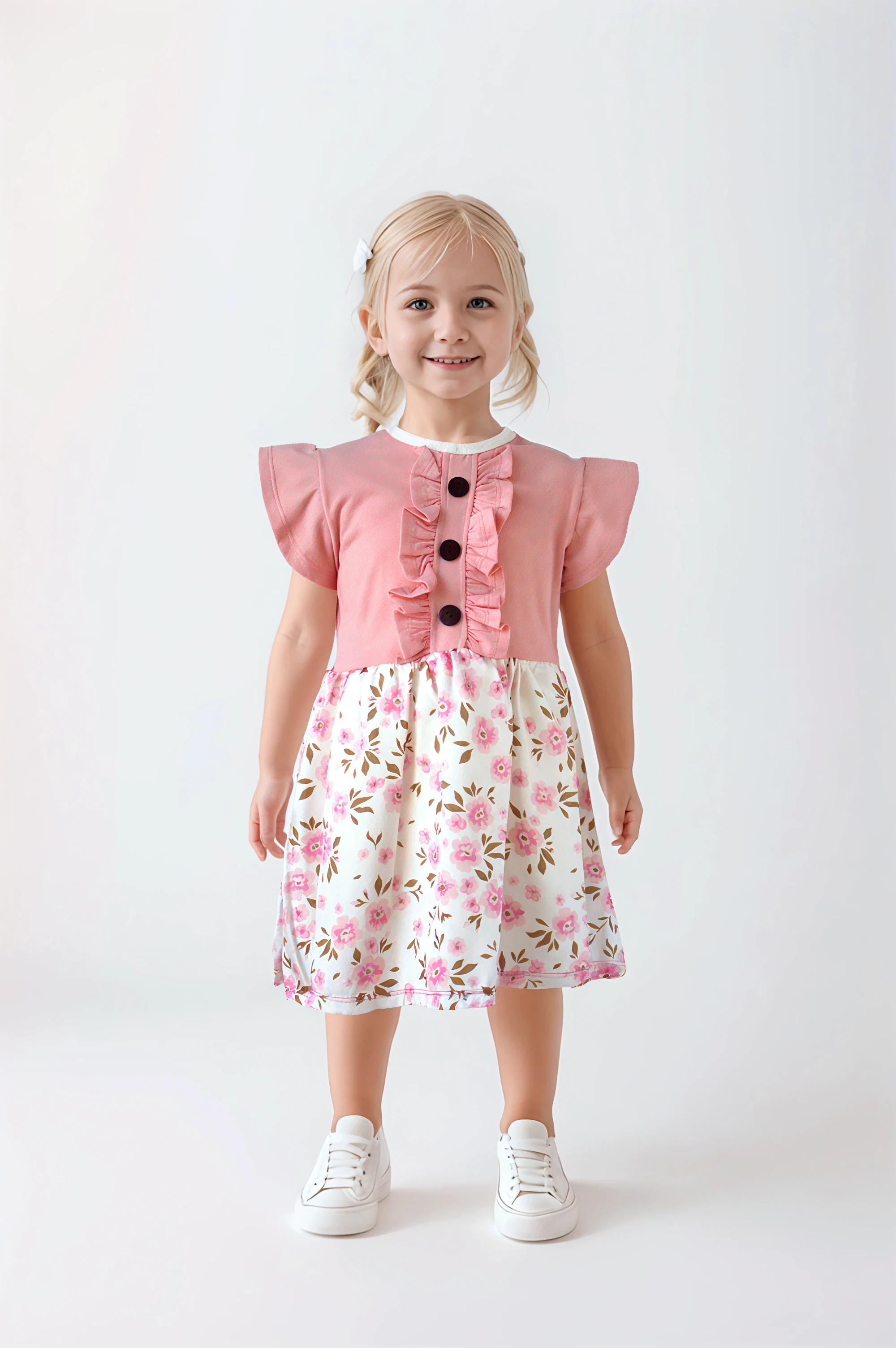 best quality, ultra high res, detailed face, realistic face, RAW photo, 
a park, standing, british girl,  , cute rounded face, rounded pink glasses, smile, light blonde hair:1.1, detailed hair, short curly hair, shoes, baby shoes, dress, summer_dress, simple dress, light bright dress, cute baby dress, floral dressheerful, energetic, happy:1.4), blue eyes, hair small clip with pink and yellow flower,