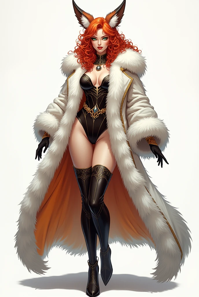 Tall antagonist, evil woman villain with a fox ears, in a loose big fluffy fur coat, a fluffy fur hap or hat, fancy fantasy fashion clothing, spy agent style, high boots, wealth accessories , red hair curly, glasses , green eyes, genshin impact art style, reference sheet, white, black, brown and orange colour scheme,