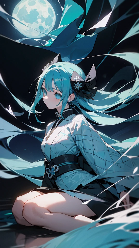 Screenshot from Kimetsu No Yaiba The image shows a mysterious and elegant woman, with long, aqua blue hair cascading down her back, with black locks that intertwine with the blue. His face is completely covered by a mask that is half white and half black with intricate designs that look like snowflakes and ice blocks.. On top of the mask, There is a design that resembles the full moon, with fine and delicate details.
The woman is wearing a black kimono with blue and white details., which resembles the style of the Demon Slayers of Kimetsu No Yaiba.
Her posture is sitting on the floor while both legs are on the ground.