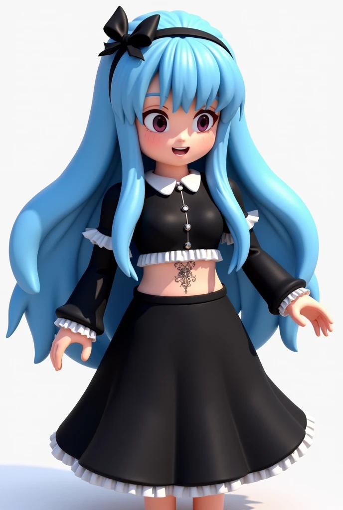 Roblox white girl, blue hair, white bangs, small elegant black bow behind her head, black crop top with cap and long sleeves and tattoo between the chest and belly, large back skirt and glove
