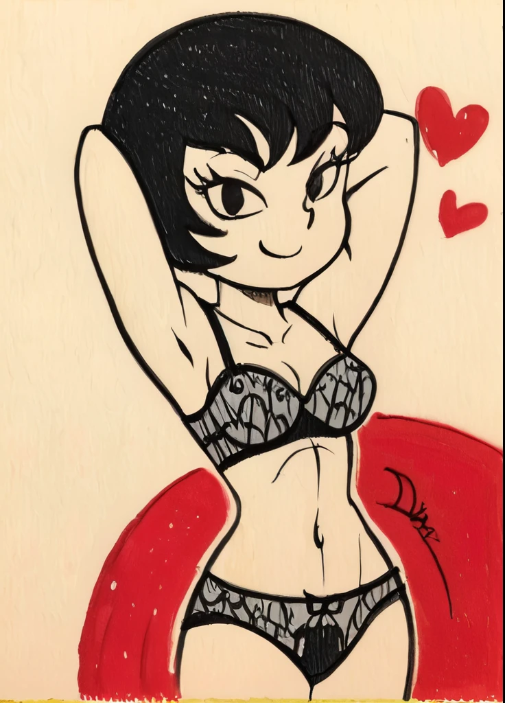 Jucika, traditional media, black eyes, black hair, short hair, flat color, solid color, colored skin, zPDXL, best quality, amazing quality, score 9, 1girl, collarbone, black lingerie, stomach, navel, arms behind head, looking at viewer, half-closed eyes, heart and colorful abstract background, seductive smile