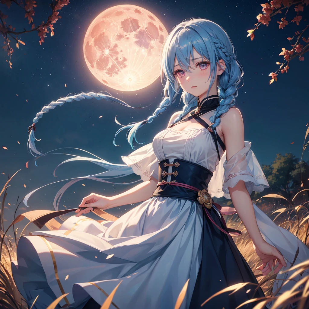 (Braiding),(Sky blue hair), (Pink eyes),(Fair skin)  ,(whole body),(One Girl),(harvest moon),(A large amount of Miscanthus sinensis in the background),autumn,(full moon),(masterpiece, Highest quality, Very detailed, Best Shadow), (Detailed Background), (Beautifully detailed face), High Contrast, (Best lighting, Very delicate and beautiful), ((Cinematic Light)), Hyper Detail,8k, Dramatic Light, Intricate details