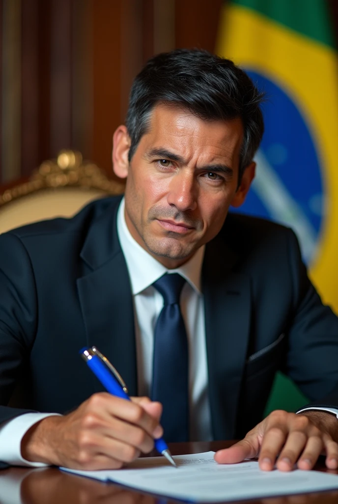 ((best quality)), ((masterpiece)), (detailed), perfect face, man, short black hair, 35 years old, youthful appearance, as president of Brazil, Sitting in the presidential chair, signing laws with a blue pen, This law will recover all state-owned companies that were privatized, your face is serious and a little angry, the Brazilian flag is in the background