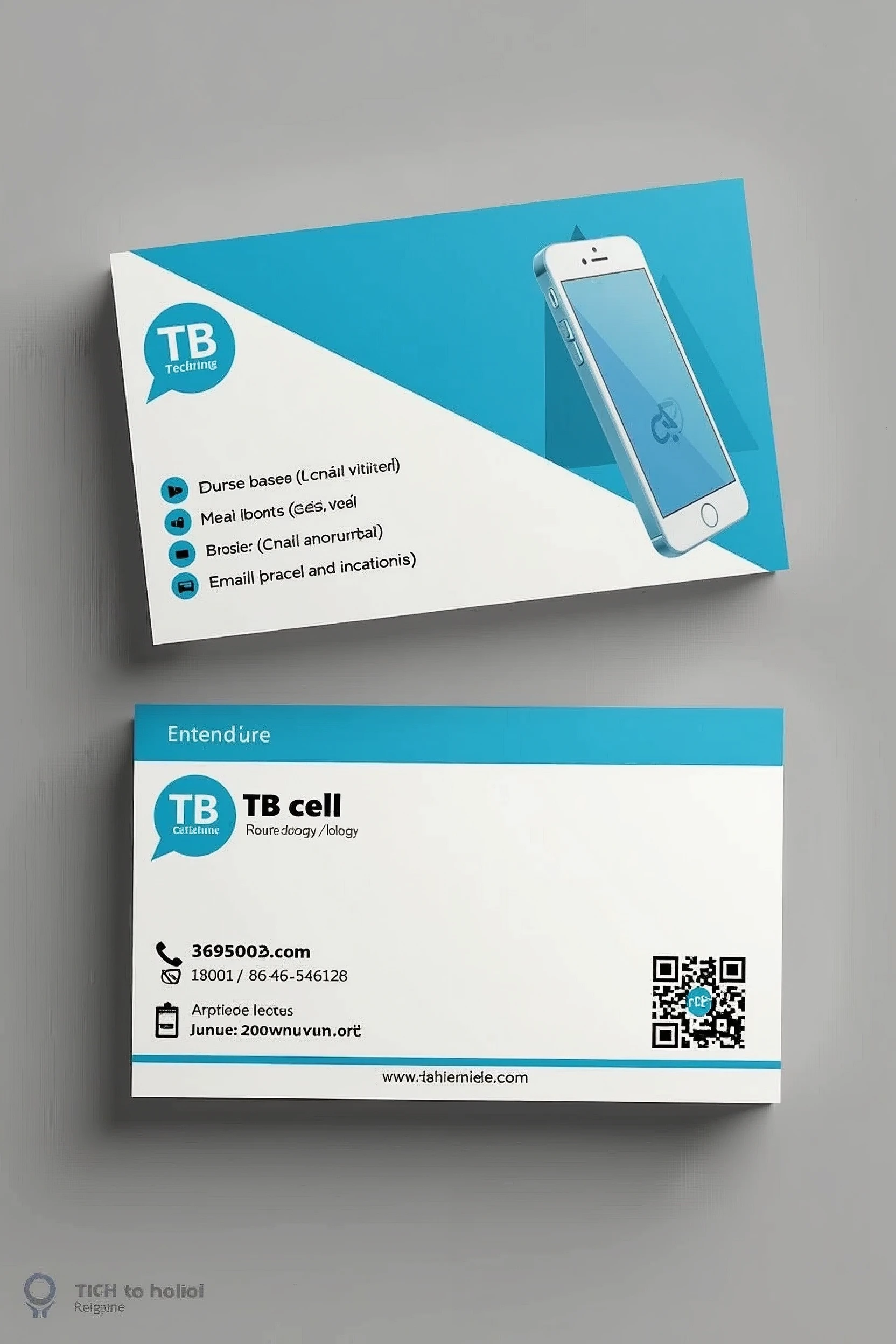 Create a business card for the store named "TB cell." The design should include:
- Store name: "TB cell"
- Logo (if available) or an icon related to technology and cell phones
- Address: [insert store address]
- Phone: [insert phone number]
- Email: [insert email address]
- Website: [insert website address, if any]
- A brief description of the services or products offered
- Modern and attractive colors and fonts that convey a professional and tech-savvy image
- Clean and easy-to-read layout
