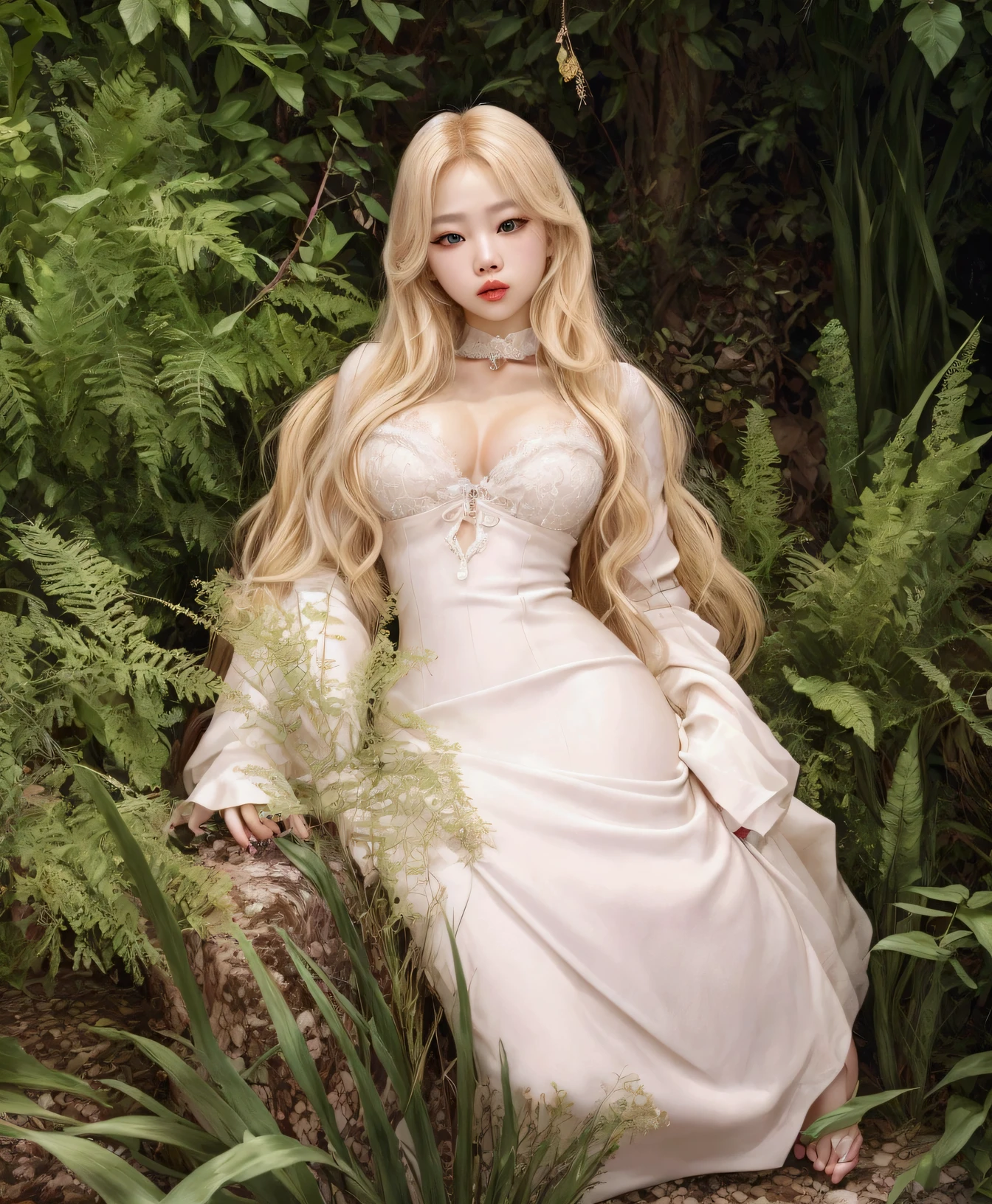Jennie Kim, blond hair, Wavy, full lips, doll lips, seductive eyes, Pale skin, Beautiful asian female, light eyes, attractive feminine energy, doll eyes, pretty JENNIE.
