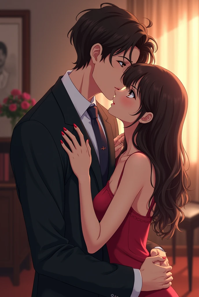 Anime tall brunette male in suit kissing with his smaller brunette girlfriend who is spreading his lap in his office