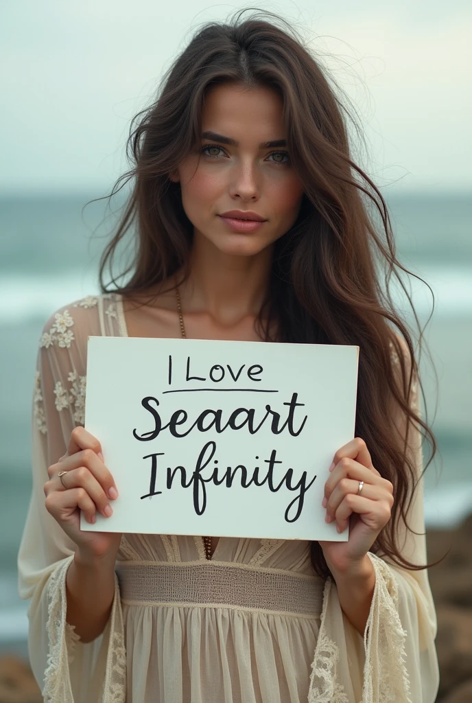 Beautiful girl with wavy long hair, bohemian dress, holding a white board with text "I Love Seaart Infinity" and showing it to the viewer