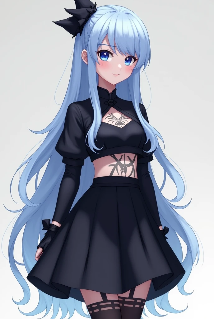 Roblox white girl, blue hair, white bangs, small elegant black bow behind her head, black crop top with cap and long sleeves and tattoo between the chest and belly, large back skirt and glove

