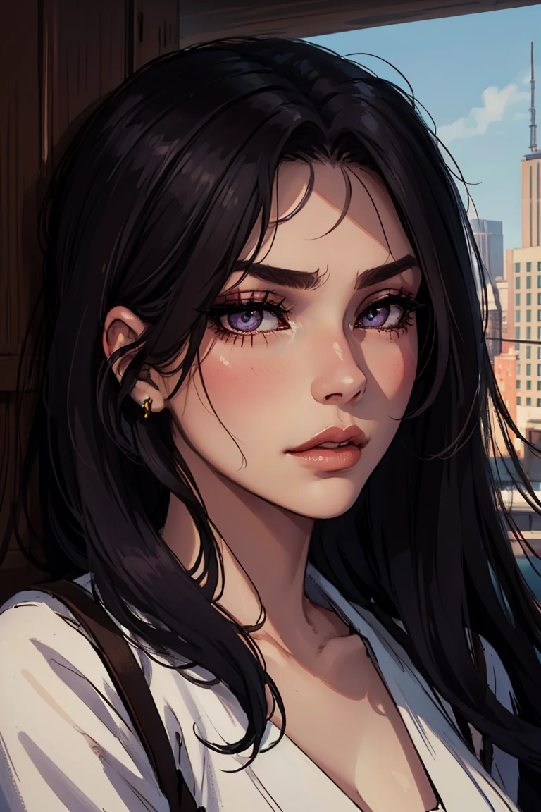Masterpiece, best quality, 20 years old girl, young, portrait, portrait style photo, female, face in center of photo, stoic, heavy make-up, clitter lips, eye- makeup, dress, curly, long flowing hair, black hair, outdoor city setting, burgundy eyes, average looks