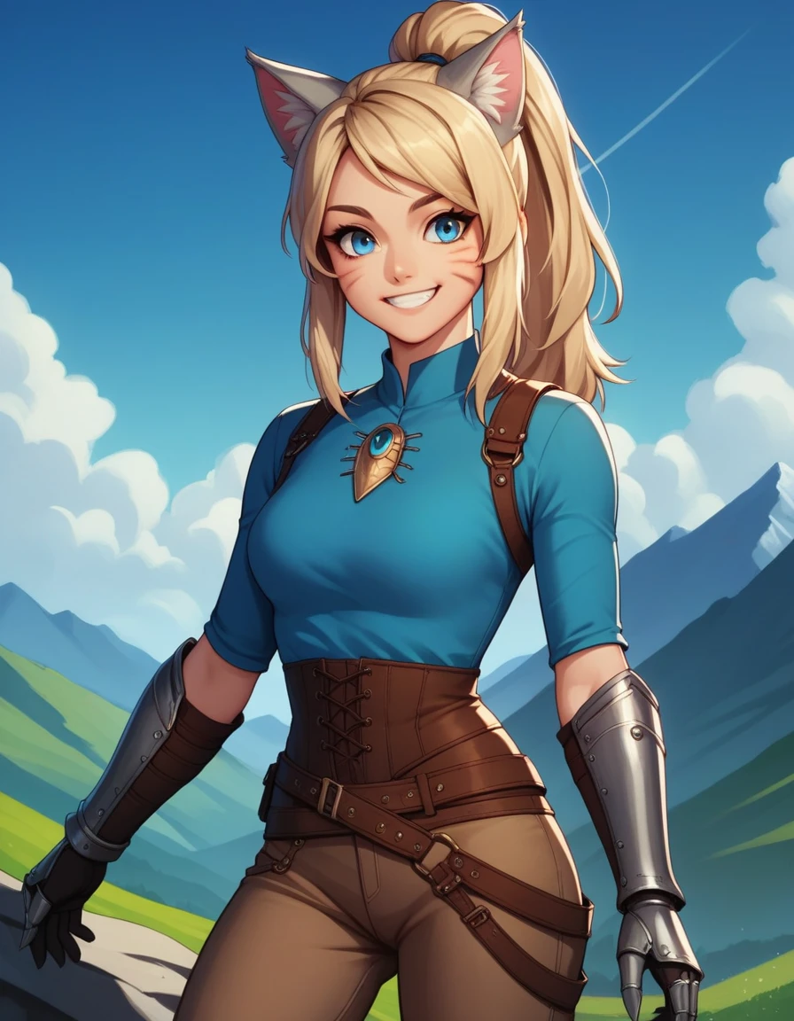 Solo, score_9,score_8_up,score_7_up, score_6_up, score_5_up,source_anime, human, kat, blue eyes, (black whisker marks on face):2, silver grey cat ears, blonde hair, hair in ponytail, wearing blue tunic, brown pants, leather gauntlets, adventuring gear, leather boots, big smile, on a mountain pass trail, standing, on a mountain,