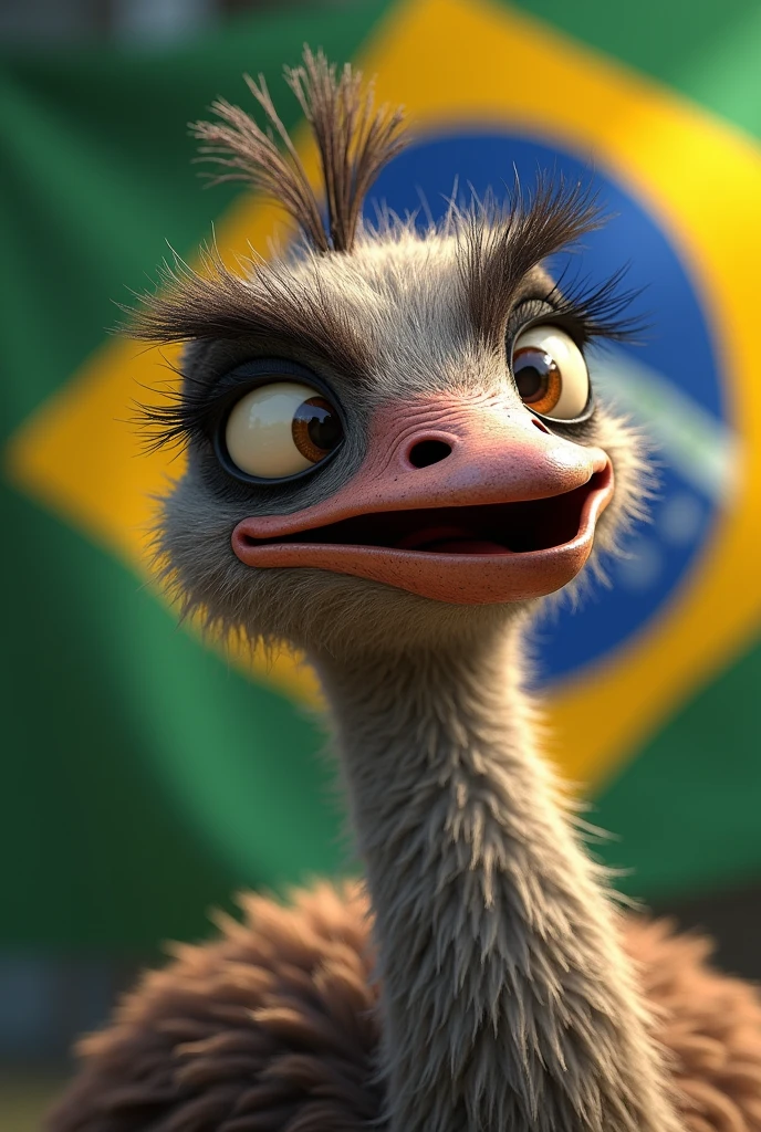 an emu animal with a zombie face, and a Brazilian flag, in the Disney Pixar cartoon style