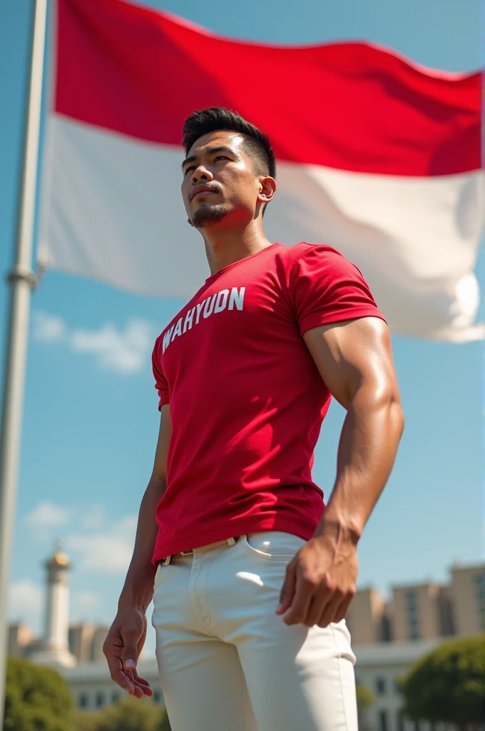 4D image of a muscular adult man, wearing a red t-shirt with the name Wahyudn, white trousers, and a large Indonesian flag flying in the background