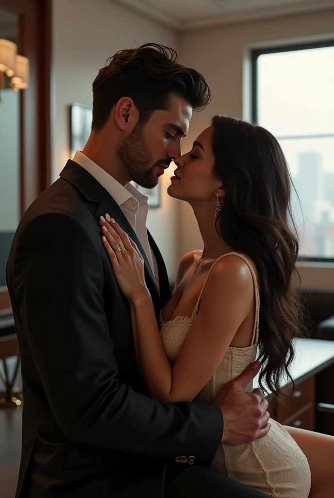 Anime tall brunette male in suit kissing with his smaller brunette girlfriend who is spreading his lap in his office