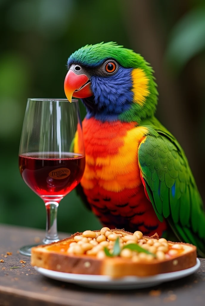 A quetzal eating a bean toast and drinking a glass of Jamaican wine 