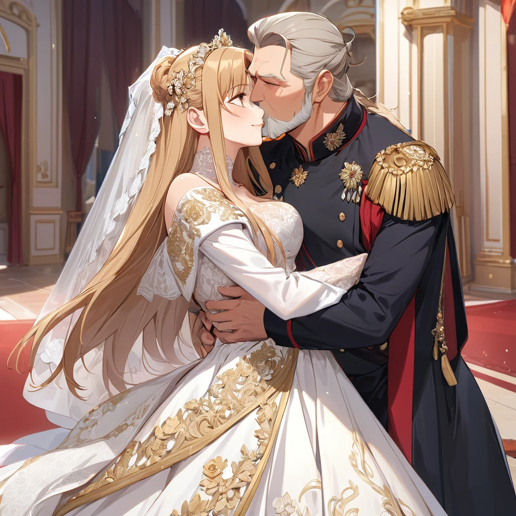 ((Highest quality)), ((masterpiece)), (detailed), （Perfect Face）、The woman is Yuuki Asuna, a Russian with light brown, medium-long hair, an elegant, graceful and beautiful Russian noblewoman, and the Empress of the Great Russian Empire.、The woman is beautifully dressed in a gorgeous Russian court dress, mainly in a glittering gold wedding dress, a wedding veil, and luxurious accessories, and is wearing a beautiful and luxurious kokoshnik.、The woman is standing next to a great, dignified, bearded old Russian emperor at a grand wedding.、The woman is embraced by the great Russian emperor in a luxurious palace, they fall in love, kiss each other, and get married.、The woman is embracing the great old Russian emperor, kissing him, making love to him, and looking happy and close to him, the elderly emperor and the beautiful young empress.