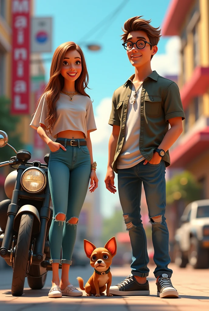Animated beautiful fashionable girl, next to a tall fat boy in a polo shirt, a motorcycle alongside and a brown chihuahua dog