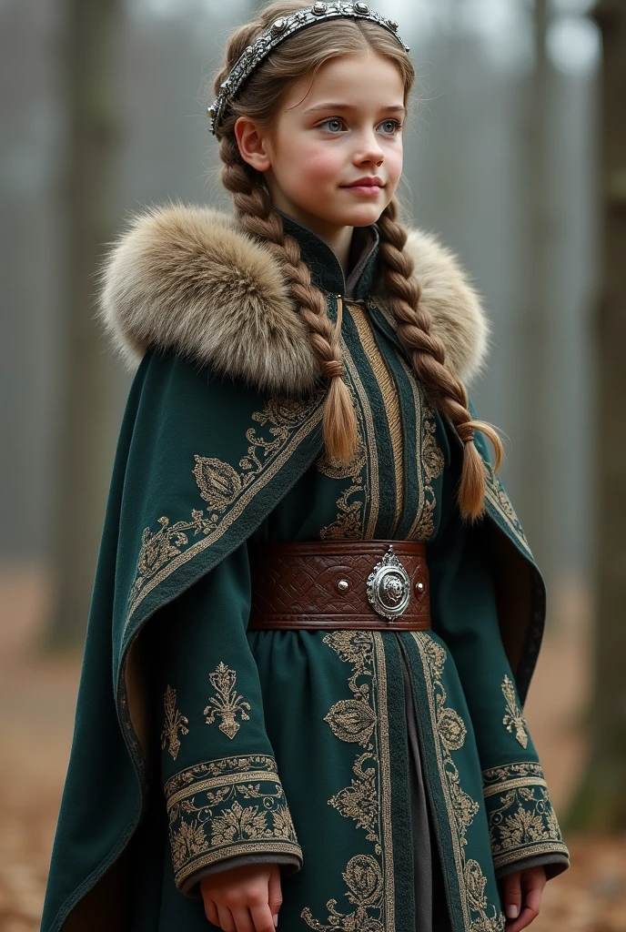 Of course。The following is a description of an 18th century girl's clothing style that combines the five Nordic countries(Denmark、Norway、sweden、Finland and Iceland)and detailed description of the Sami style:
---
### **Appearance and hairstyle**
**Face and hairstyle:**
She has soft Nordic features,Fair skin,The facial features are three-dimensional and clear。Her hair is blonde or dark brown,Long hair was braided into intricate braids,Partially braided into a scrunchie,Some shawls,It embodies the traditional Nordic braiding art.。Her hair accessories may have included an elaborate silver headdress,It is studded with small jewels or pearls.,A symbol of her noble status。
### **apparel**
**Jacket:**
她穿着一件融合北欧和萨米风格的Jacket,The design of this dress combines Nordic simplicity with Sami ornamentation。Jacket的主色调是深蓝色或森林绿,Presenting the natural colors of Northern Europe。Jacket的领口和袖口饰有细致的刺绣,The pattern includes traditional Sami motifs,Such as geometric shapes and natural elements。The cuffs may also have colored fabric edges.,Increases the uniqueness of the style。
**skirt:**
她的skirt是一种复古的长裙,Length to the ankle,Use soft wool or linen fabric。skirt的颜色可能是温暖的土褐色或炭黑色,Decorated with fine floral embroidery,Inspired by traditional Sami patterns。skirt腰部束带用一条色彩鲜艳的织带装饰,Maybe red or blue,With hand-embroidered details,Highlights her waist curve。
**Coats and Capes:**
She wore a long coat or cape.,This garment combines Nordic wool texture with Sami decorative style。The coat is usually dark in color,Such as dark brown or dark green,The interior lining may be bright silk or velvet,It has exquisite embroidery and decorative ornaments.。The edges of the cape are decorated with fine fur,Adds warmth and visual richness。
**Belts and accessories:**
Her waist is wide and decorative,May be made of leather or cloth,It is decorated with silver buckles and decorations.。The belt may also have small silver pendants or tassels hanging from it.,Showing off her wealth and status。She also wore a series of exquisite accessories,Including silver necklace、Earrings and bracelets,These ornaments are engraved with traditional Nordic and Sami motifs。
### **shoe与sock**
**shoe:**
She wore a pair of low-top leather boots or wooden shoes.,这些shoe经过精细的手工制作,Possible belt decoration at ankle。shoe的颜色通常与她的服装相协调,such as dark brown or black。
**sock:**
她的sock是手工编织的,Probably made of wool,色彩和图案与她的skirt和Jacket相匹配。sock的边缘装饰有小巧的刺绣或编织图案,Embodying the beauty of traditional craftsmanship。
### **Overall impression**
The girl's overall look shows a unique fusion of 18th century Nordic and Sami styles.,It retains the elegance and simplicity of the Nordic style,It also incorporates rich Sami-style decorations and traditional handicrafts.。她的apparel不仅展示了北欧的自然色彩和简洁风格,It also reflects the intricate embroidery and decorative art of Sami culture.。