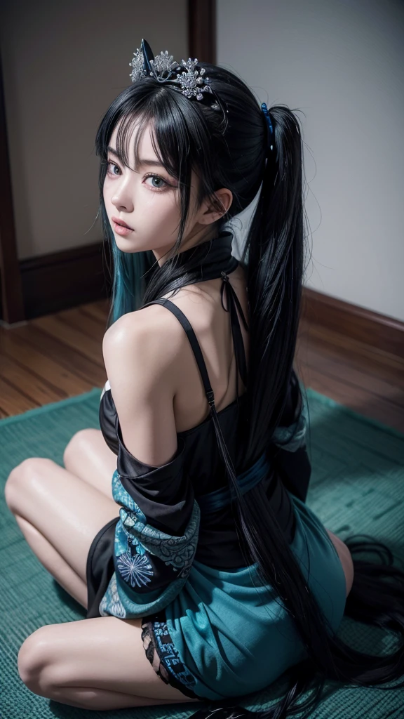 Screenshot from Kimetsu No Yaiba The image shows a mysterious and elegant woman, with long, aqua blue hair cascading down her back, with black locks that intertwine with the blue. His face is completely covered by a mask that is half white and half black with intricate designs that look like snowflakes and ice blocks.. On top of the mask, There is a design that resembles the full moon, with fine and delicate details.
The woman is wearing a black kimono with blue and white details., which resembles the style of the Demon Slayers of Kimetsu No Yaiba.
Her posture is sitting on the floor while both legs are on the floor she is on her back