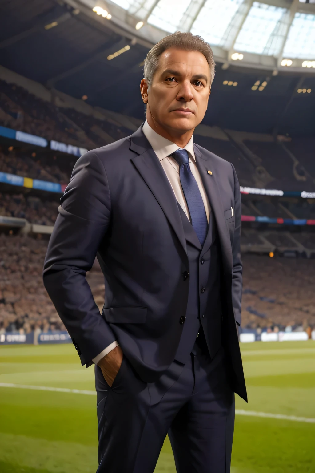 Treinador de futebol soccer ⚽ do REAL Madrid, in a suit, gray hair, 60 years old, paunchy, serious pose, in Santiago Bernabeu.