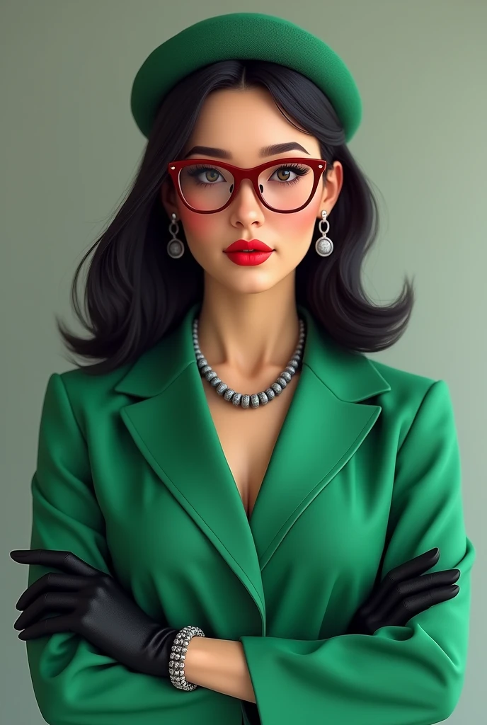 Draw a woman in her 30s with red glasses and black medium hair, gray beads on her neck and earrings, also gray beads, black gloves and a green outfit and a small hat 