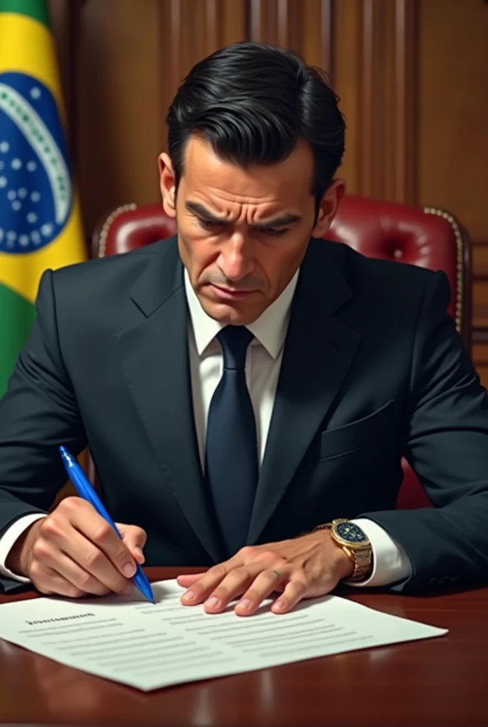 ((best quality)), ((masterpiece)), (detailed), perfect face, man, short black hair, 35 years old, youthful appearance, as president of Brazil, Sitting in the presidential chair, signing laws with a blue pen, This law will recover all state-owned companies that were privatized, looking at the paper, your face is serious and a little angry, the Brazilian flag is in the background
