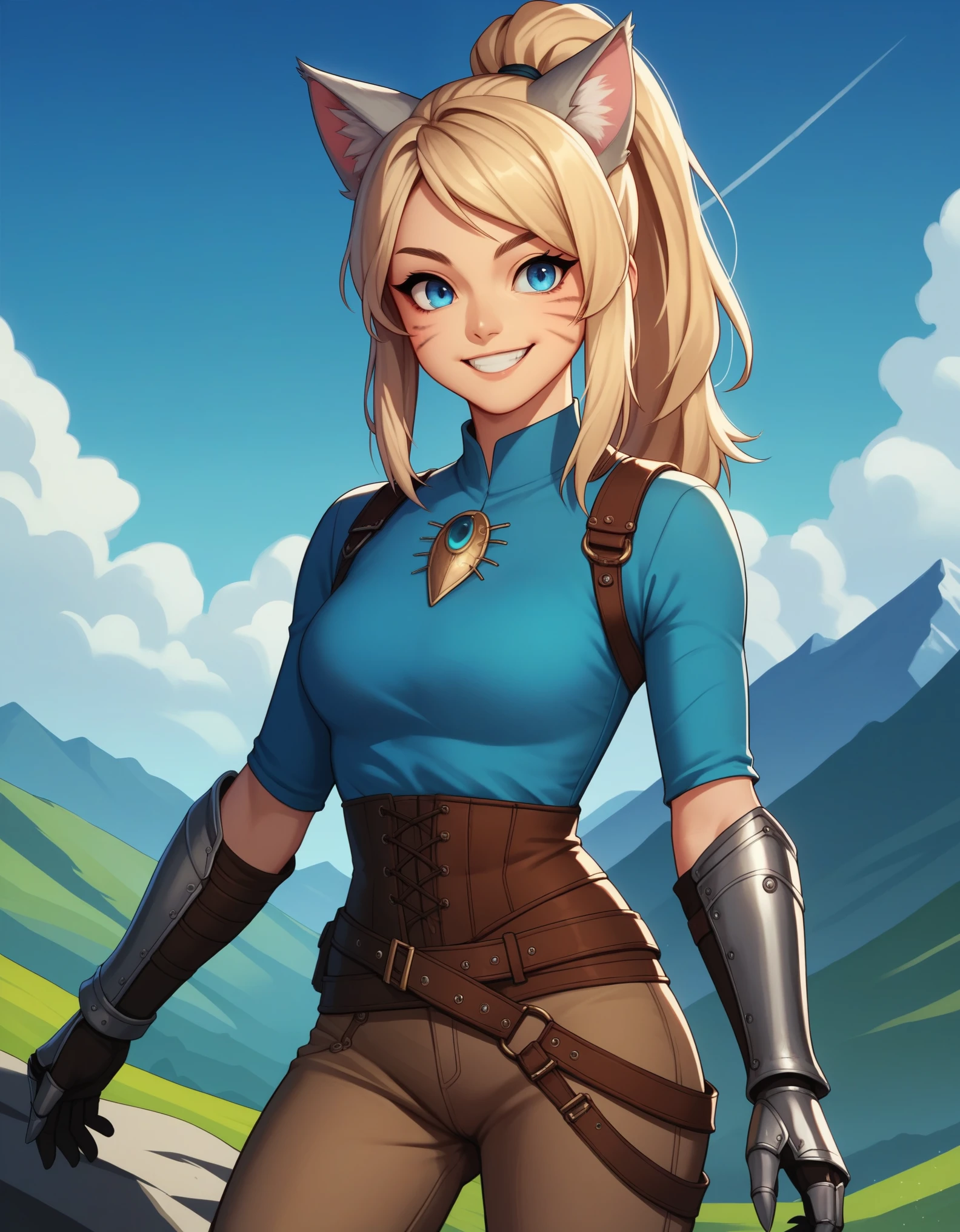 Solo, score_9,score_8_up,score_7_up, score_6_up, score_5_up,source_anime, human, kat, blue eyes, (black whisker marks on face):2, silver grey cat ears, blonde hair, hair in ponytail, wearing blue tunic, brown pants, leather gauntlets, adventuring gear, leather boots, big smile, on a mountain pass trail, standing, on a mountain,