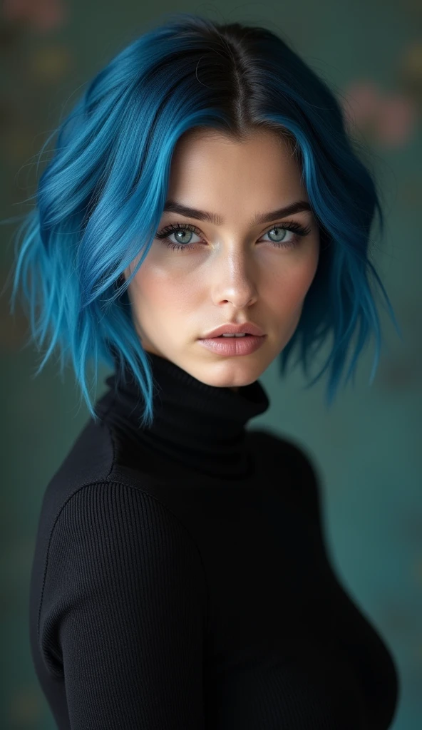 Full lenght, make a girl indistinguishable from reality, blue hair, narrow face, grey eyes, girl, 18 years old, slim figure, almond-shaped eyes, button nose, full lips, european appearance, ultra highly intricate detailed, black eyeliner, over knee boots, looking at the camera, professional photography, ultra sharp focus, very beautiful