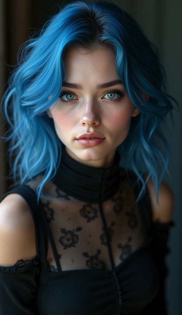 Full lenght, make a girl indistinguishable from reality, blue hair, narrow face, grey eyes, girl, 18 years old, slim figure, almond-shaped eyes, button nose, full lips, european appearance, ultra highly intricate detailed, black eyeliner, over knee boots, looking at the camera, professional photography, ultra sharp focus, very beautiful