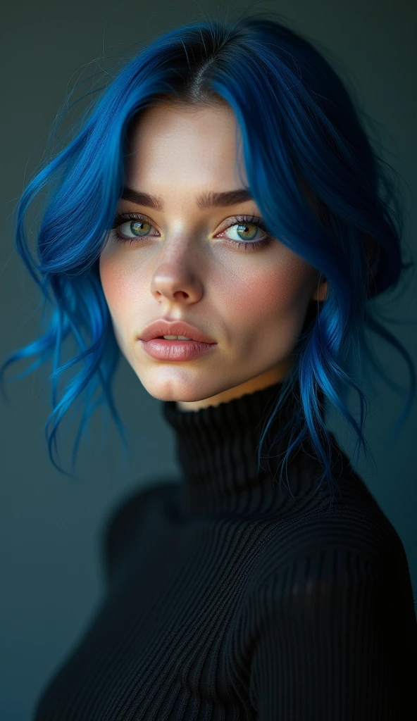 Full lenght, make a girl indistinguishable from reality, blue hair, narrow face, grey eyes, girl, 18 years old, slim figure, almond-shaped eyes, button nose, full lips, european appearance, ultra highly intricate detailed, black eyeliner, over knee boots, looking at the camera, professional photography, ultra sharp focus, very beautiful