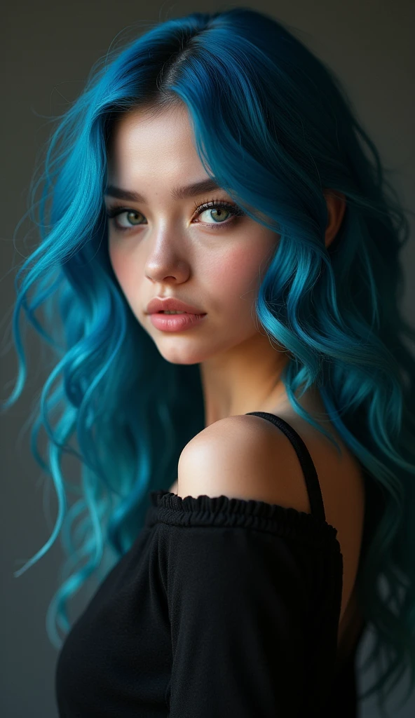 Full lenght, make a girl indistinguishable from reality, blue hair, narrow face, grey eyes, girl, 18 years old, slim figure, almond-shaped eyes, button nose, full lips, european appearance, ultra highly intricate detailed, black eyeliner, over knee boots, looking at the camera, professional photography, ultra sharp focus, very beautiful