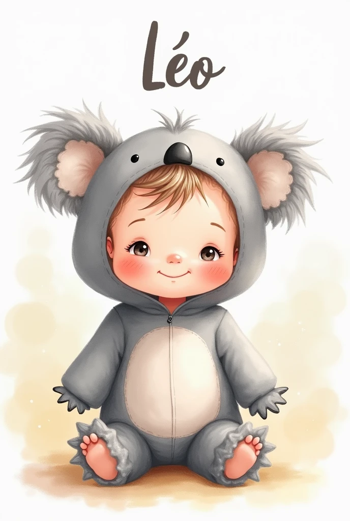 Water color 2d baby boy dressed as a grey koala without tail. Word Léo written