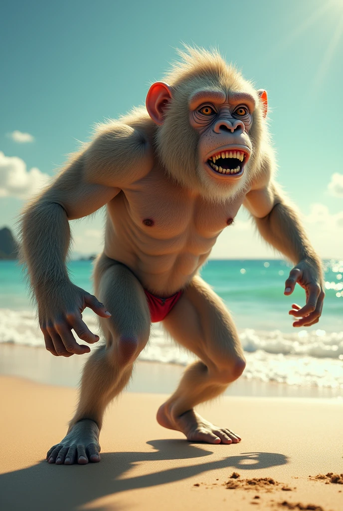 A man with a monkey face working out on the beach 