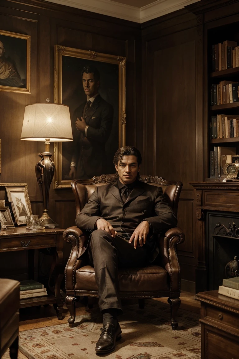 **to the left:** A Leo excels in a leadership environment. He is in a large office with a director's desk, in the background a wall decorated with medals and certificates. His attire is elegant and he is standing, with a firm and confident posture. His expression is one of authority and determination. Rays of light seem to emanate from his figure, symbolizing your self-confidence and unshakable belief in your abilities. He is standing in front of a large map or chart, pointing to your choices and decisions with unshakable firmness.
**On the right:** A Scorpio is immersed in an environment that reflects his emotional intensity and passion.. He is in a more intimate room, decorated with dark tones and objects that convey depth and mystery, like candles, old books and art with deep themes. Scorpio is sitting in a comfortable chair, with an intense and focused expression, demonstrating his stubbornness. Your posture is engaging and the atmosphere around you is dense., suggesting the depth of their emotions and the determination of their convictions.