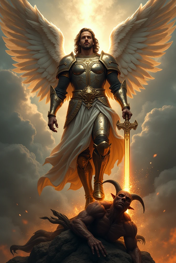 Draw a picture of Saint Michael the Archangel stepping on Satan